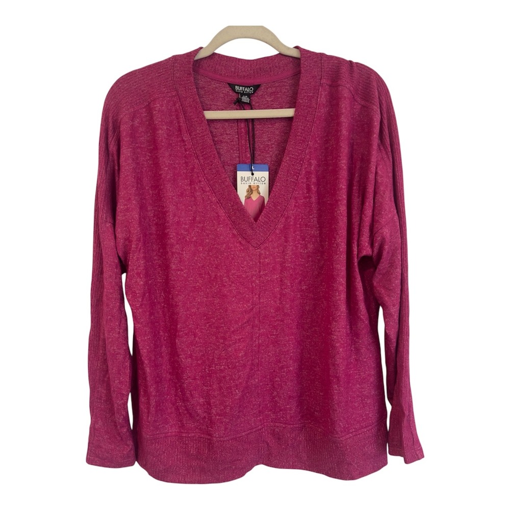 Buffalo David Bitton Womens Pink Marl V-Neck Long Sleeve Top NWT Large